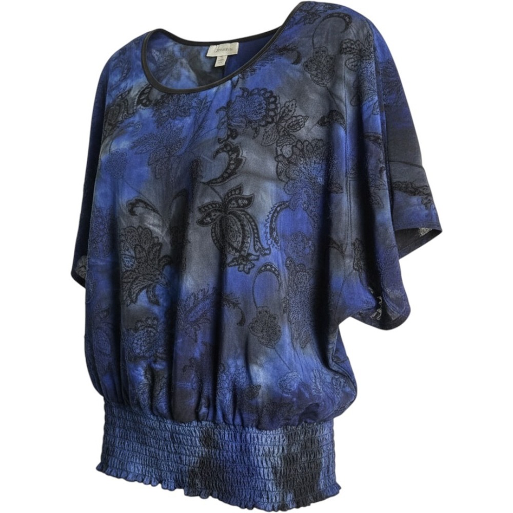 Dressbarn Blouse Women Small Blue Tie Dye Flocked Floral Smocked Waist Dolman